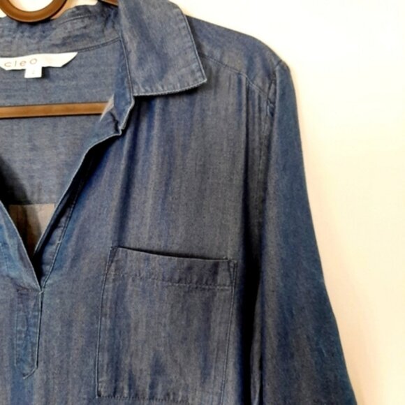 CLEO Utility Sleeve Mini Shirt Dress | Tunic w Pockets Chambray Blue Sz S - Picture 7 of 16